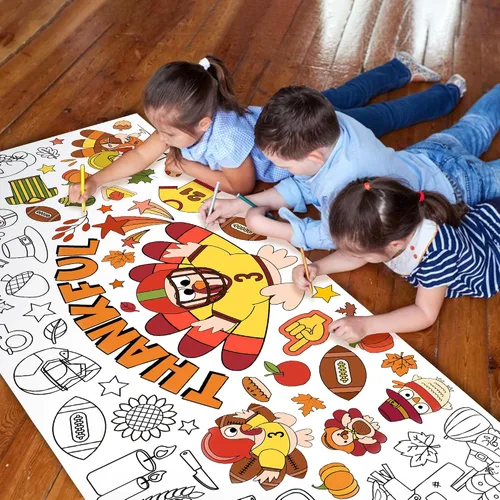 Vista 5 de BZaber Póster gigante para colorear de otoño de Acción de Gracias, 55 x 24 pulgadas, pancarta de dibujo de papel de pavo de fútbol, calabaza, hoja