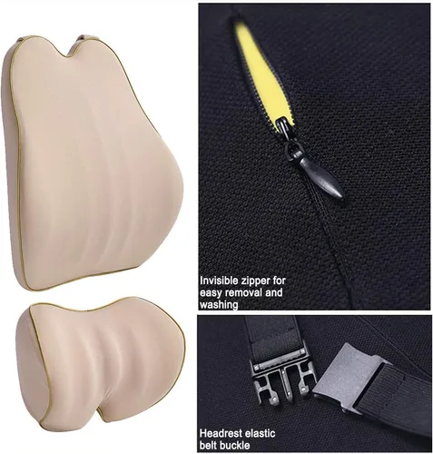 Vista 2 de Cojín de apoyo lumbar de coche y reposacabezas para el cuello, cojín de espuma viscoelástica, ajuste universal, asiento de automóvil principal