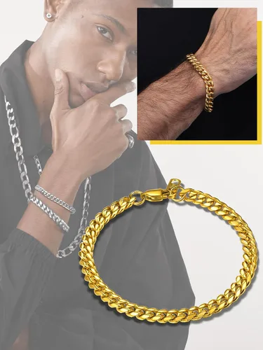 Vista 2 de PROSTEEL Pulsera de acero inoxidable para hombres y mujeres, elegantes pulseras de eslabones cubanos, chapado en oro negro de 18 quilates, ancho