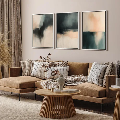 Vista 349 de SIGNFORD - Set de obras de arte en lienzo enmarcado para pared, ilustraciones abstractas de neblina del desierto en tonos neutros beige y marrón