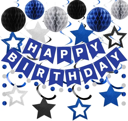 Vista 23 de meowtastic - Decoraciones de cumpleaños, pancarta de feliz cumpleaños con bolas de panal de abeja, serpentinas colgantes de estrellas, guirnalda