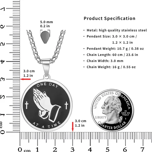 Vista 5 de Yaumatea Collar de oración de serenidad con manos en oración, colgante de moneda para hombres y mujeres, señores, oración, versículo bíblico