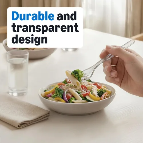 Vista 3 de Amazon Basics Tenedores desechables de plástico transparente, calidad premium, 100 unidades, paquete grande