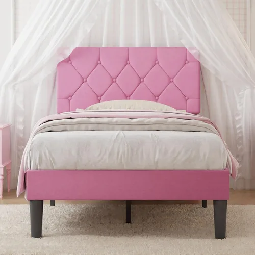 Vista 15 de VECELO Twin Bed Frame with Upholstered Tufted Headboard, Beige