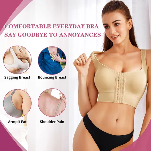 Vista 2 de Sujetador deportivo para mujer, sin mangas, sin mangas, con relleno, cierre frontal ajustable, brasier de compresión