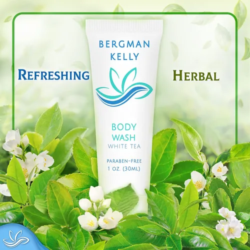 Vista 4 de BERGMAN KELLY Gel de baño tamaño viaje (1 onza líquida, 100 unidades, té blanco), deleita a tus invitados con un gel de baño revitalizante