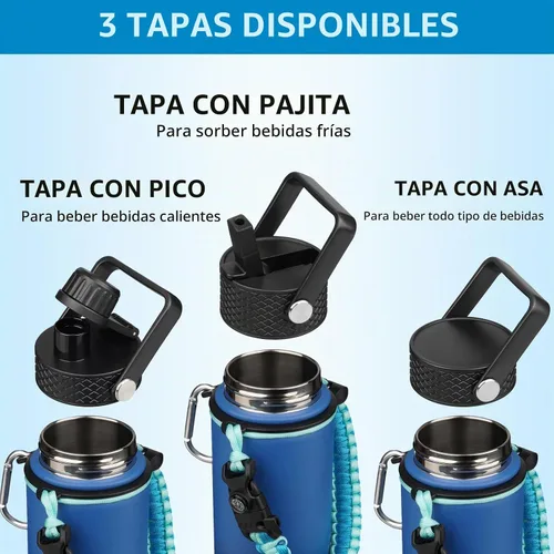 Vista 3 de BJPKPK - Botella de agua con tapa de popote, botellas de agua aisladas de 18 onzas con 3 tapas, asa de cuerda de paracaídas y base antideslizante