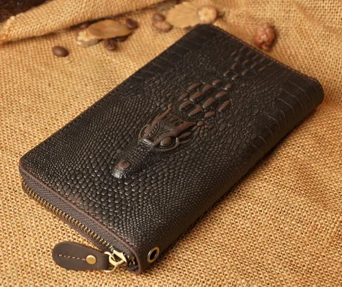 Vista 4 de Le'aokuu Unisex calidad cuero genuino cadena embrague mano bolso organizador monedero chequera cremallera cartera 1016, Cocodrilo marrón