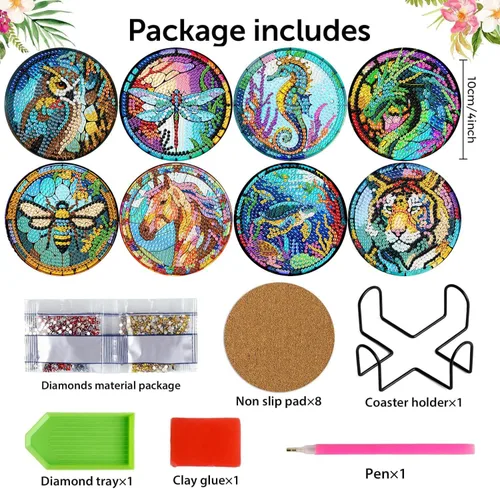 Vista 3 de Meothan Juego de 8 posavasos de arte de diamante para adultos con soporte, almohadillas de corcho, posavasos de arte de puntos de diamante de vidrio