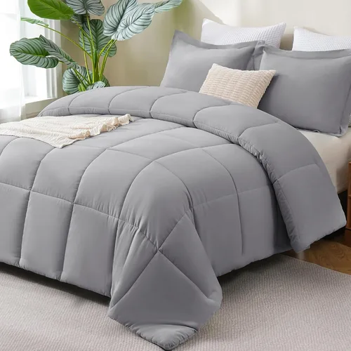 Vista 26 de CozyLux Juego de edredón Super King, juego de ropa de cama negro ceniza de 270GSM para todas las estaciones, juego de cama de 3 piezas cosidas