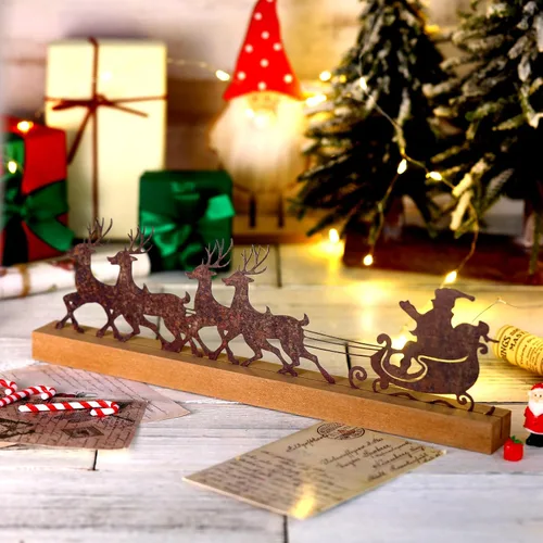 Vista 2 de Soaoo Decoraciones de mesa de Navidad, decoración de trineo de Papá Noel de metal con base de madera, decoraciones rústicas de fiesta de Navidad