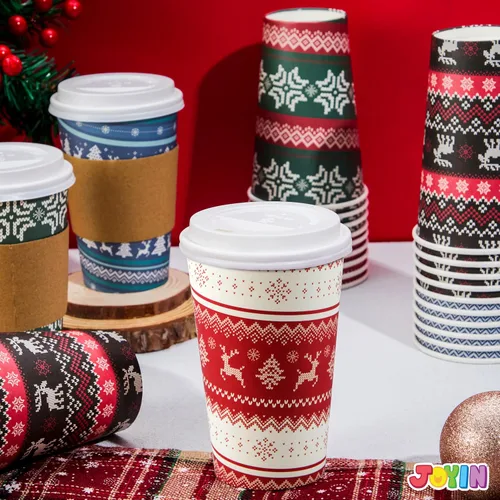 Vista 7 de JOYIN 24 piezas de vasos de papel desechables de Navidad, vasos de fiesta de Feliz Navidad de 16 oz con mangas y tapas, 4 diseños de vajilla