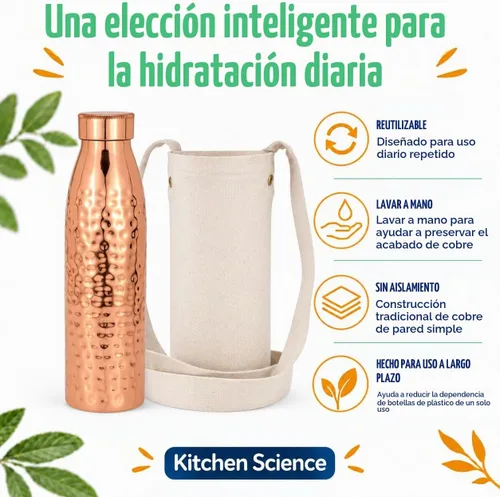 Vista 7 de Kitchen Science - Botella de agua de cobre martillado de 34 onzas con bolsa de transporte, a prueba de fugas, resistente, botella ayurvédica