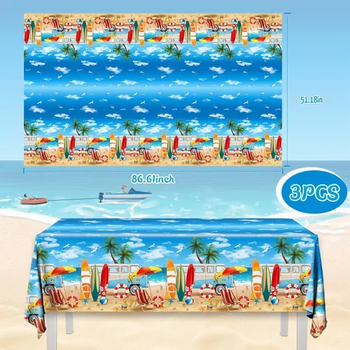 Vista 2 de 3 manteles de playa de verano, fundas de mesa temáticas de playa, decoración de mesa temática de cumpleaños hawaiano para verano, piscina, surf