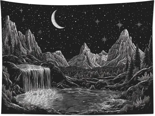 Vista 5 de HVEST Tapiz de montaña blanco y negro para colgar en la pared, diseño de luna psicodélica, galaxia, espacio, árbol, bosque, naturaleza, paisaje