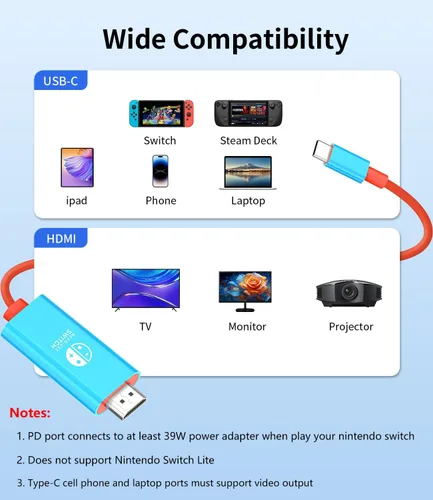 Vista 6 de Adaptador de interruptor de TV para Nintendo Switch, estación de acoplamiento para TV, cable USB C a HDMI, USB C a HDMI con alimentación, compatible