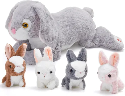 Vista 7 de WEWILL Conejito de peluche de 18 pulgadas, 5 piezas, juguete de peluche con 4 conejos bebés, regalos para cumpleaños y Pascua, color gris