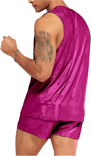 Vista 2 de WDIRARA Conjunto de 2 piezas para hombre, camiseta sin mangas holográfica y pantalones cortos con cordón