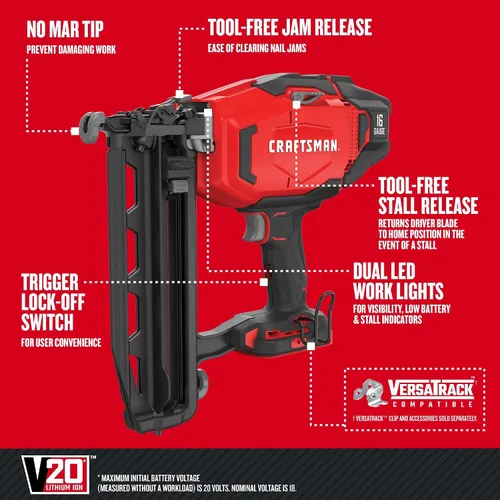 Vista 5 de CRAFTSMAN V20 - Clavadora eléctrica inalámbrica, calibre 16, solo herramienta (CMCN616B)