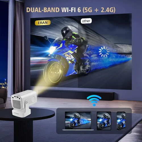 Vista 4 de Proyector portátil HY260 PRO MINI actualizado, soporte nativo 1080P para resolución 4K con Bluetooth 5.4 WIFI6 300 ANSI Android 11,180° giratorio