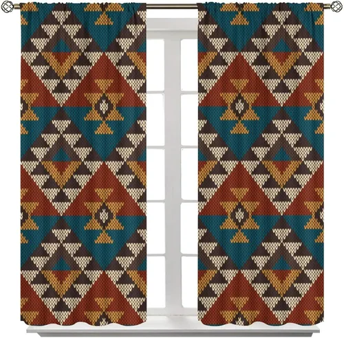 Vista 138 de Cortinas con patrón geométrico tribal, estilo suroeste, azteca, rústico, occidental, nativo americano, opacas, con bolsillo para barra, decoración