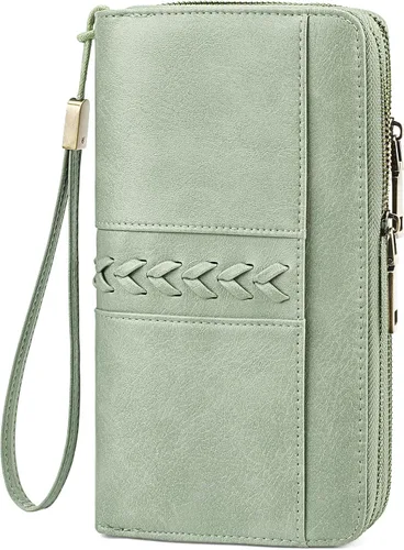 Vista 8 de FALAN MULE Cartera de cuero para mujer, de gran capacidad, bifold, con bloqueo RFID, tarjetero con bolsillo para monedas con cremallera Aa-negro.