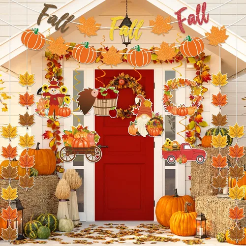 Vista 3 de Suministros de decoración de fiesta de otoño, NO DIY, el juego de decoración del hogar de otoño incluye pancarta de otoño con purpurina, guirnalda