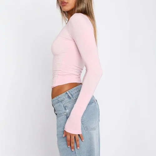 Vista 4 de Camiseta corta sexy de manga larga para mujer, estilo Y2K, cuello redondo, casual, básica, ajustada