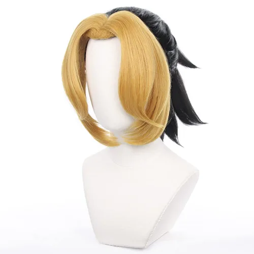 Vista 4 de maysuwell Makio - Peluca de anime Demon Slayer Cosplay peluca naranja y negro pelo corto para Halloween, carnaval, fiesta de disfraces con gorra