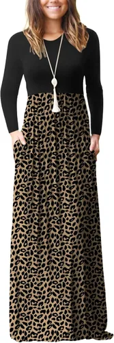 Vista 7 de GRECERELLE Vestido largo de manga larga para mujer, casual, cuello redondo, holgado, sólido floral, maxi largo con bolsillos, S-3XL A-Negro