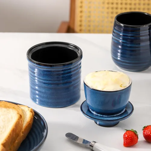 Vista 8 de HASENSE Vajilla de mantequilla de cerámica con tapa, plato de mantequilla para encimera con línea de agua, contenedor francés de mantequilla