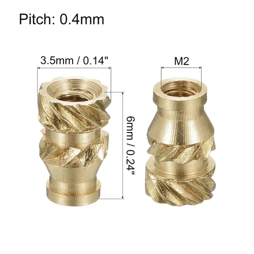 Vista 2 de uxcell Tuercas de inserción moleteadas, 60 piezas M2 x 0.236 in L x 0.138 in OD impresión 3D tuercas de latón roscadas hembra inserciones de latón