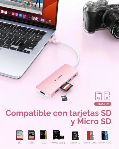 Vista 5 de LENTION Concentrador USB C 6 en 1, 3 USB3.0, 4K@30Hz, lector de tarjetas Rosa