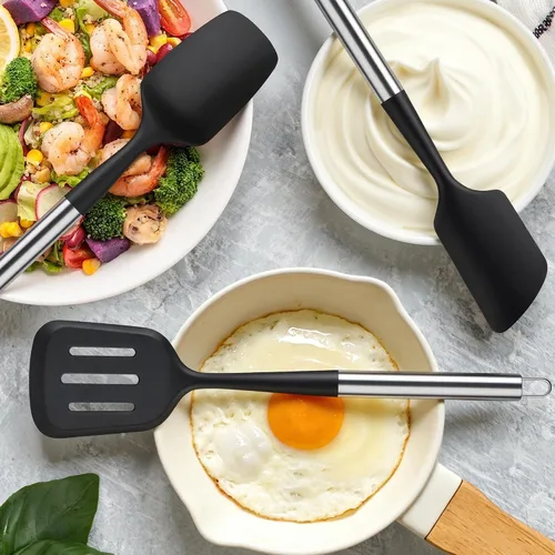 Vista 7 de Juego de utensilios de cocina de 12 piezas, herramientas de cocina de silicona con mango de acero inoxidable, espátula sin BPA, juego de cucharón