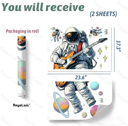 Vista 4 de Minstrel Astronauta tocando guitarra calcomanía de pared Space Wall Sticker Arte de pared extraíble con música para guardería, habitación de bebé