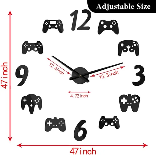 Vista 2 de The Geeky Days Controladores de videojuegos DIY Reloj de pared grande para jugadores, decoración de sala de juegos, diseño moderno, sin juegos Negro