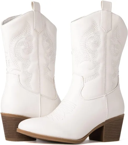 Vista 2 de GLOBALWIN Women's Mid Calf The Western Cowgirl Boots Fashion Cowboy Boots For Women Chunky Low Heel