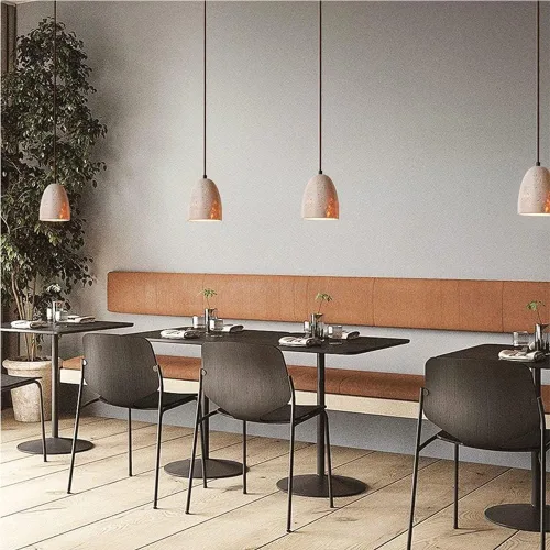 Vista 2 de Small Yellow Travertine Hanging Lamp Vintage Mid Century Living Room Pendant Lights Modern Simple Wood Dome Chandeliers for Farmhouse Restaurant