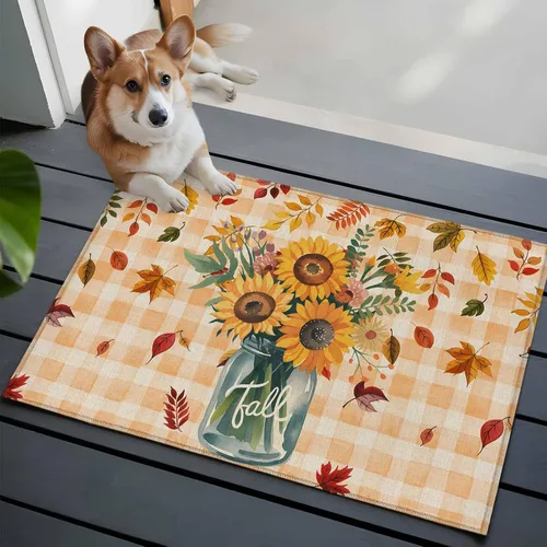 Vista 3 de Small Area Rugs 2x3 Ft, Sunflower Non-Slip Area Rugs for Living Room Bedroom Entryway, Orange Plaid Farmhouse Leaves Watercolor Retro Washable