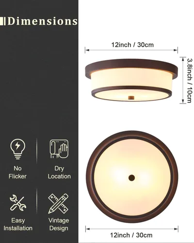 Vista 4 de Lámpara de techo empotrada de 12 pulgadas, Luminarias de techo de 2 luces pegadas al techo con acabado de bronce frotado con aceite para baño