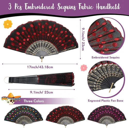 Vista 3 de Crowye 6 unidades de abanico de mano plegables del Día de los Muertos con diseño floral mexicano con corona de rosas mexicanas, tocado de tela