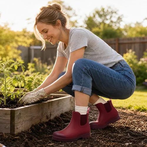 Vista 3 de Planone - Botas cortas de lluvia de ancho amplio para mujer, Chelsea impermeables de moda para mujer, botas de jardín al aire libre mate, botas