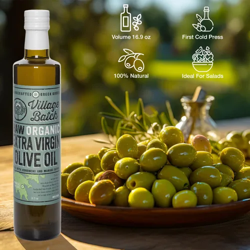 Vista 7 de Village Batch Aceite de oliva virgen extra orgánico crudo, AOVE prensado en frío y sin filtrar, auténtico aceite de oliva griego, rico sabor