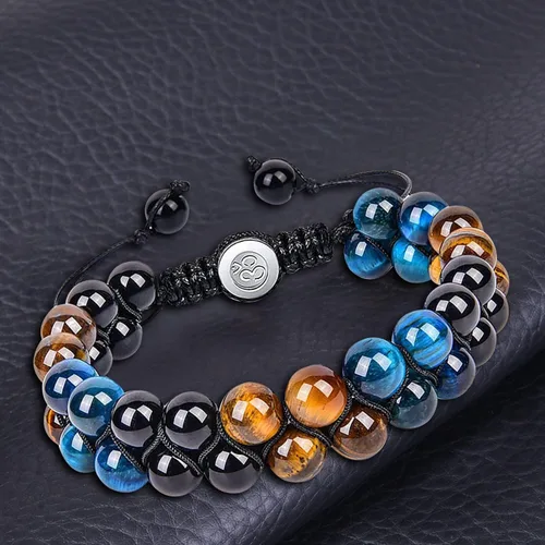 Vista 5 de Pulsera de triple protección de 0.315 in y 0.394 in para mujeres y hombres, pulsera de piedra natural, ojo de tigre natural, obsidiana y hematita