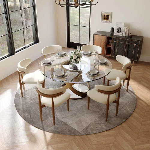 Vista 18 de POVISON Juego de 4 sillas de comedor redondas de lino y algodón con mesa de comedor de vidrio (mesa de comedor de 51 pulgadas + 4 sillas)