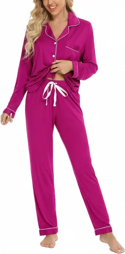 Vista 14 de Leikar Button Up Pajamas For Women Long Sleeve Viscose Soft Pjs Lounge bean paste