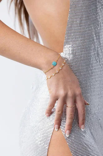 Vista 4 de Pulsera de cadena de oro de 18 quilates con perlas diminutas de la suerte de ojo turco turquesa conjuntos de pulseras de eslabones minimalistas