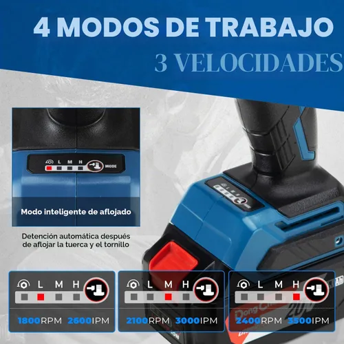 Vista 6 de Dong Cheng Llave de impacto sin escobillas de 20 V, par máximo de 360 ft-lbs (488 N.m), 1/2" con velocidad de 3 modos, pistola de impacto
