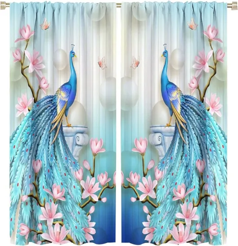 Vista 38 de Cortinas opacas de pavo real, hermoso patrón de estampado de flores de pavo real azul, estampado de mariposas y pavo real, juego de 2 paneles