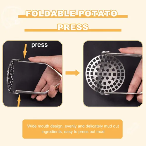 Vista 6 de Triturador de papas, plegable de acero inoxidable, antiadherente, antideslizante, mango de 12 pulgadas de largo, ahorra espacio, herramienta